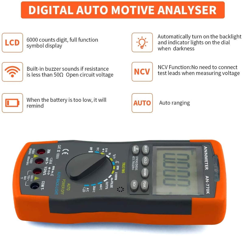 Digital Multimeter Engine Analyzer, Auto-Ranging 6000 Counts Voltage Meter, Volt Ohm Amp DMM Tester, Injection Pulse, Dwell Angle, RMP Tester for Automotive Professionals (ANNMETER AN-770K)