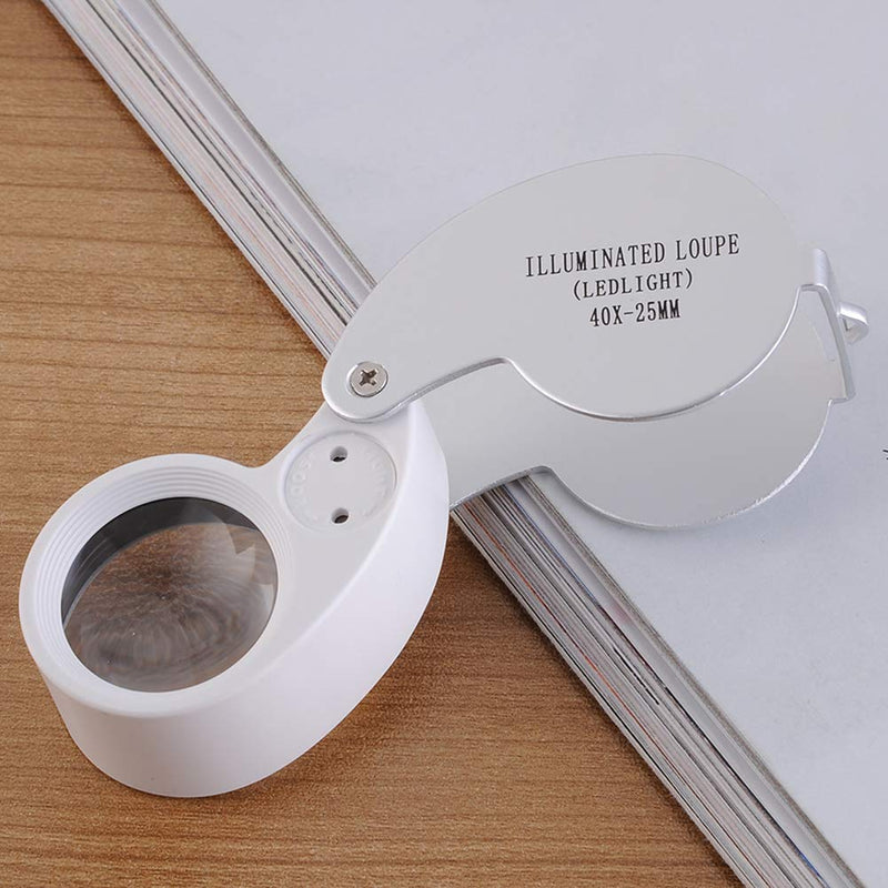 Illuminated Jewelers Eye Loupe Magnifier, 40X Foldable Magnifying Glass with Bright LED Light for Gems, Rocks, Stamps, Coins, Watches, Hobbies etc