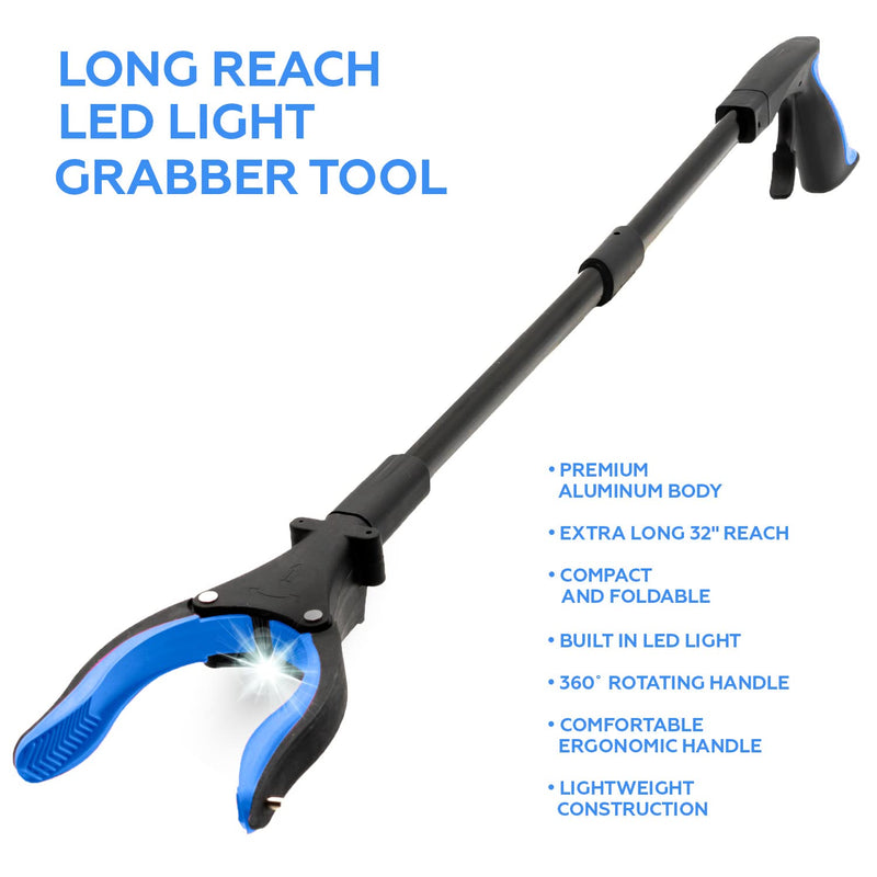 Grabber Reacher Tool-Long 32 Inch Aluminum Foldable Pick Up Stick-Strong Grip Shelves LED Light Magnetic Tip, Lightweight Trash Picker Claw Reacher Grabber Tool for Elderly - by Luxet (32 Inch, Blue)