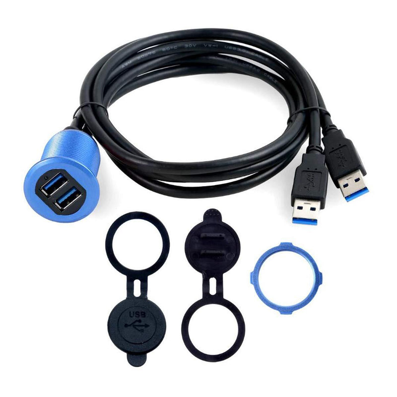Kework Metal Dual USB 3.0 Ports Mount with Light, 3.3ft 2 Ports USB Male to 2 Ports Female Flush Mount Panel Mount Extension AUX Cable for Car Truck Boat Motorcycle Dashboard (Blue & 3.3ft) Blue & 3.3ft