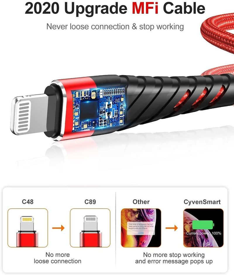 (2 Pack) iPhone Charger 10ft for [ MFi Certified],CyvenSmart 10 Foot Long Lightning Cable Fast Charging Cord 10 Feet for iPhone 12/12 Pro/11/11 Pro/11 Pro Max/XS/XS Max/XR/X/8/8 Plus/7/7 Plus/6 Plus red