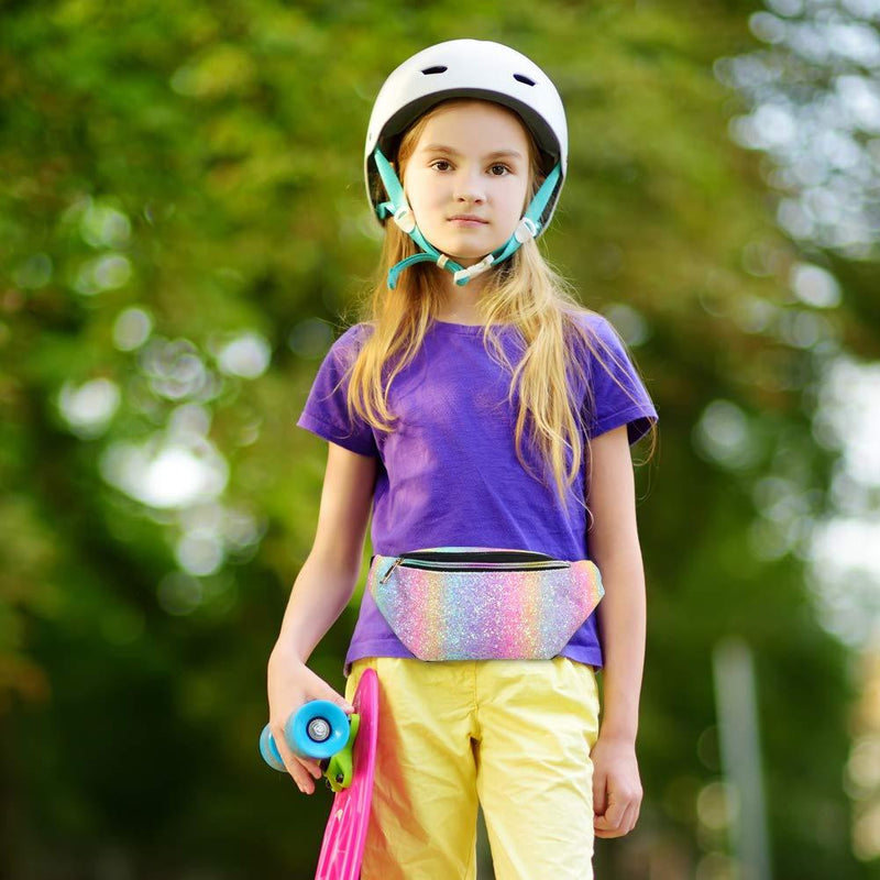QtGirl Fanny Pack for Kids, Glitter Waist Bag Shiny Bags with Adjustable Belt for Children Sport Running, Camping, Trip Rainbow