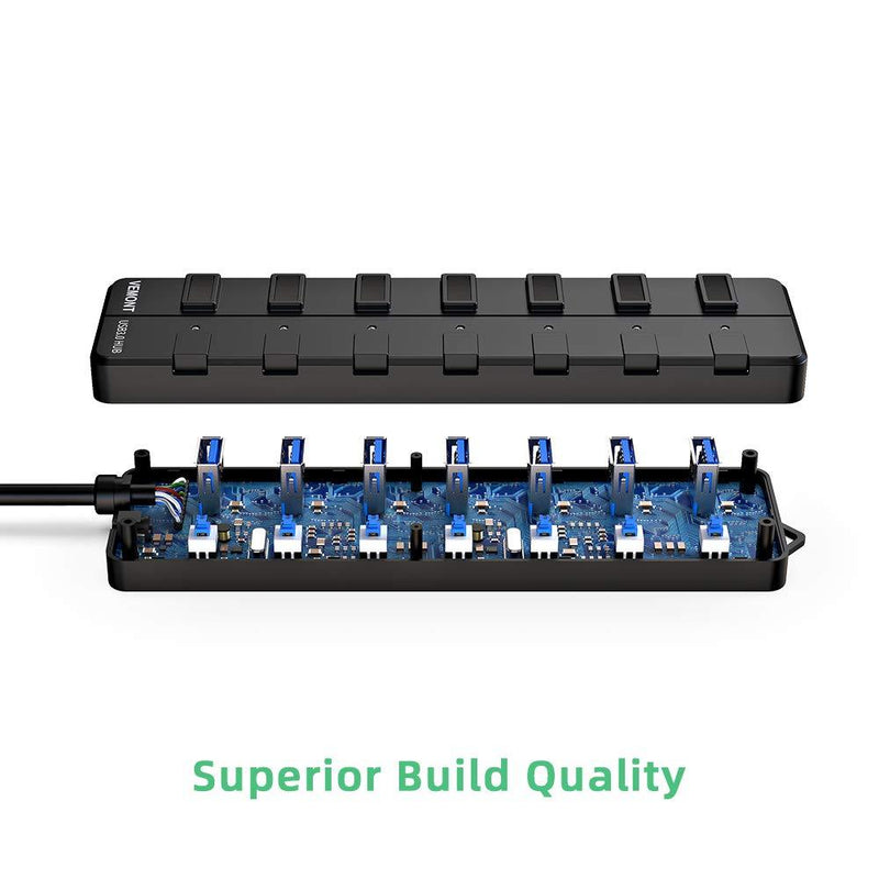 VEMONT Power USB hub,7-Port USB 3.0 hub with 5V2A Power Adapter and Individual On/Off Switches,USB Charging hub 4ft/1.2m Long Cable