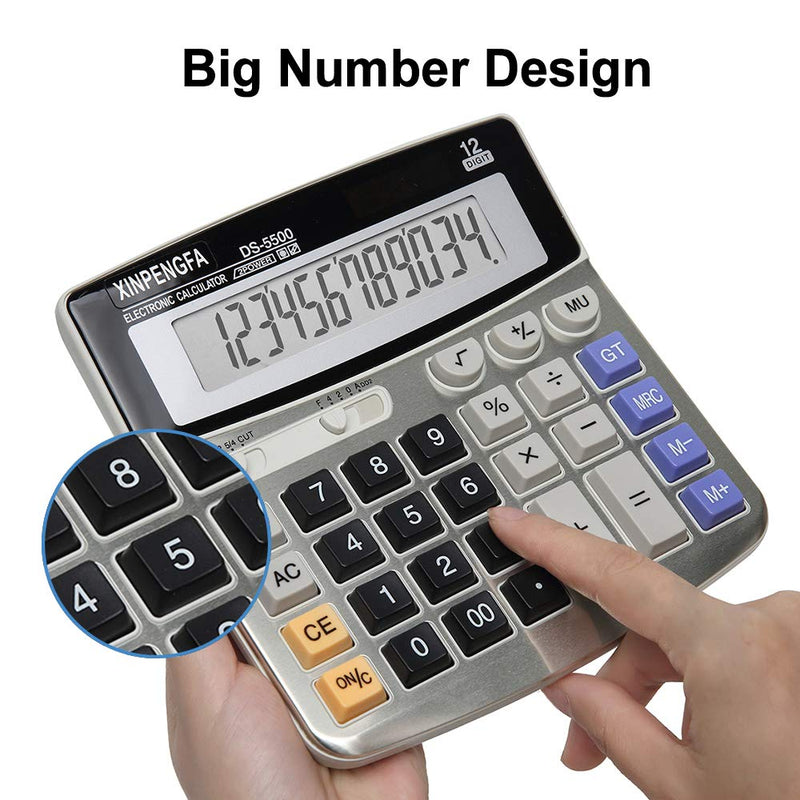 XINPENGFA Office Calculator, Solar and Battery Dual Power, Metal Surface 12 Digit Calculators Large Display Big LCD,and Large Button 1PACK Metallic