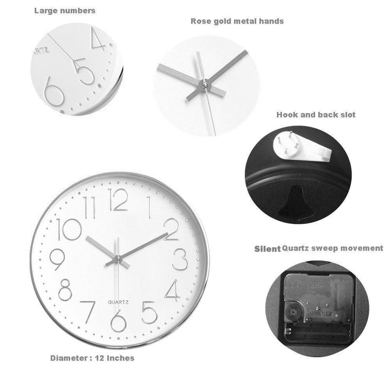 Foxtop Modern Wall Clock Silent Non-Ticking Battery Operated Round Silver Wall Clock for Office School Home Living Room Bedroom Bathroom Kitchen Decor 12 inch