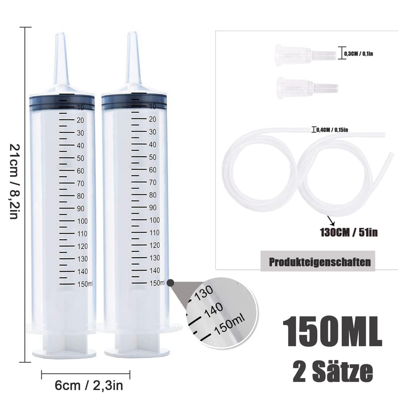 Plastic syringe, 2 pieces 150ML syringe set with hose for science laboratories, factories and daily use 150 ML