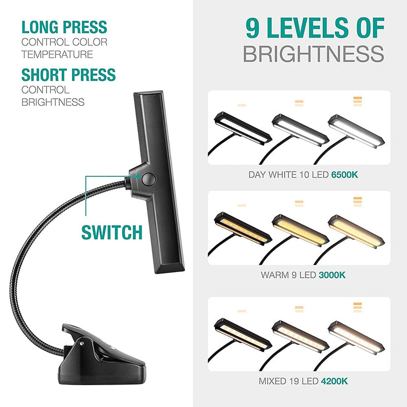 Professional Musician 3000K-6000K Super Bright 19 LED Music Stand Light, Clip On Orchestra Piano Lights, 9 Levels Dimmable Rechargeable. Perfect for Piano, Orchestra, Craft. USB Cord Incl. Black