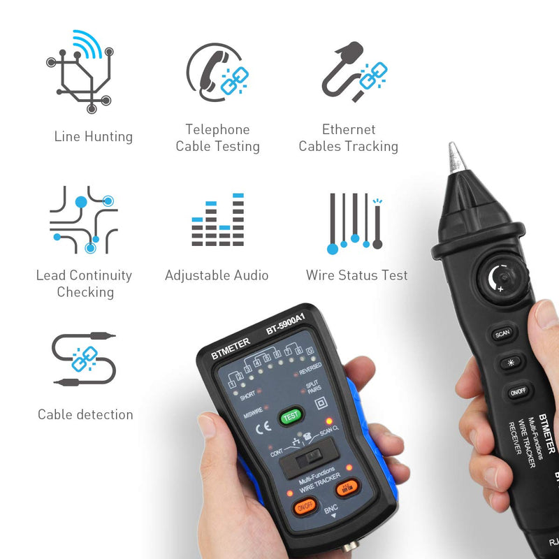 Wire Tracker Tone Generator - BTMETER BT-5900A Cable Finder for RJ11 RJ45 Ethernet LAN Network Cable Telephone Line Tester Toner Probe Kit , Continuity Checker