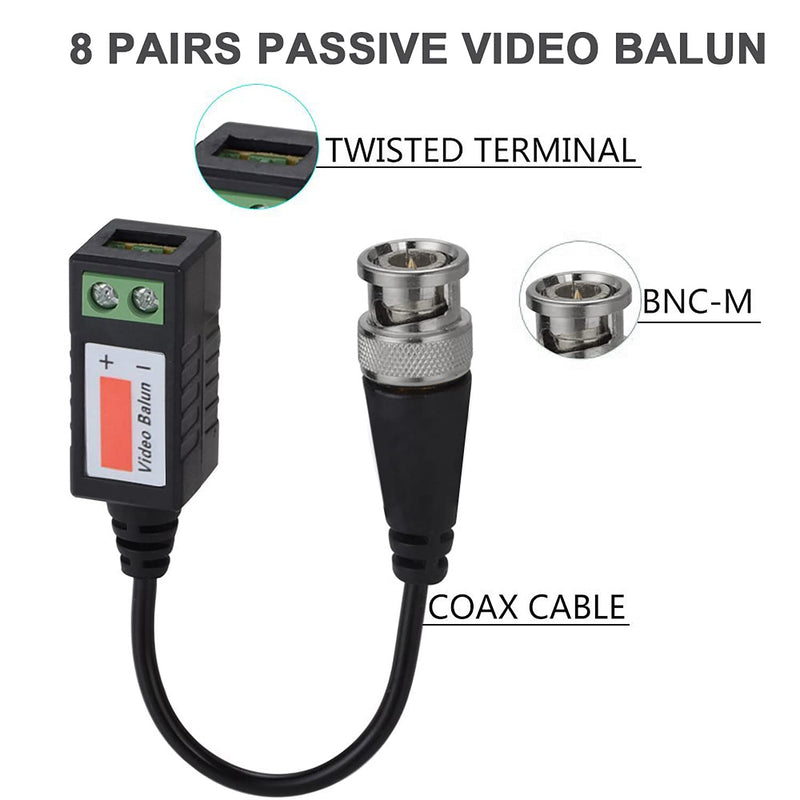 Passive Video Balun Connectors 8 Pairs Cat5 HD Mini CCTV BNC Video Balun Transceiver Cable with Lighting Protection and Coax BNC Connector to RJ45 Terminal for CCTV Surveillance Camera Systems
