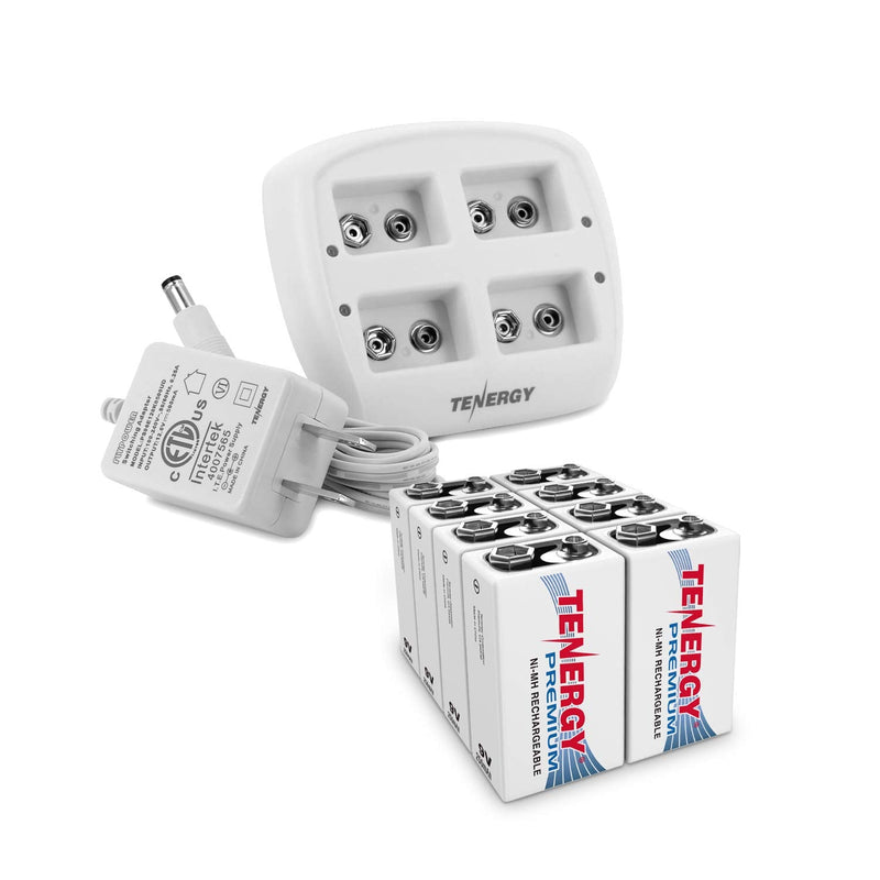 Tenergy TN136 4 Bay 9V Smart Charger with 4 Pieces Tenergy Premium 9V NiMH Rechargeable Batteries Charger + 4 Pc Premium Batteries