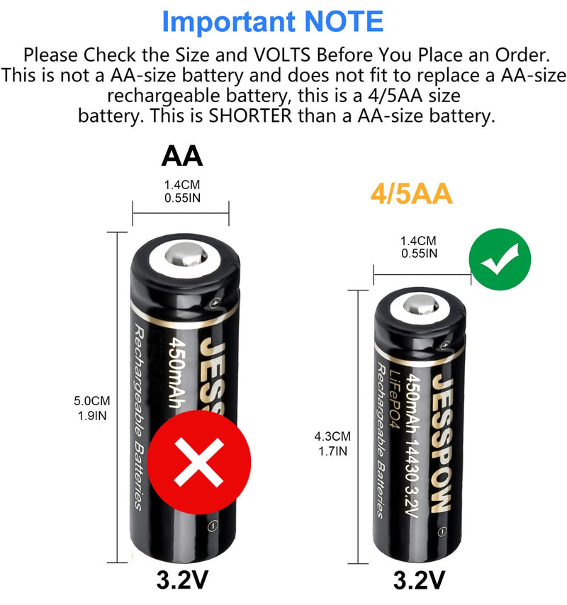 14430 Battery, JESSPOW 14430 3.2V 450mAh LiFePo4 Rechargeable Solar Batteries for for Solar Panel Outdoor Garden Lights, Solar Panel Light, Tooth Brush, Shaver, Flashlight (4 Pack) 4 Pack