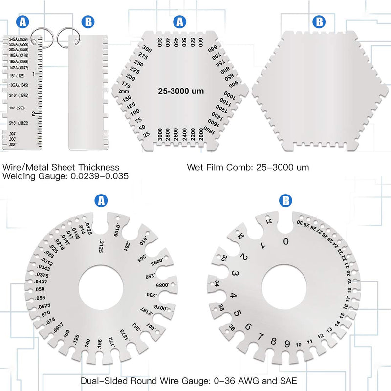Glarks 3 Pack Stainless Steel Welding Gauge Set, 25-3000um Wet Film Comb + Wire Metal Sheet Thickness Gauge + Round Dual-Sided Wire Cable Sheet Gage Standard Thickness Metal Gauge AWG and SAE