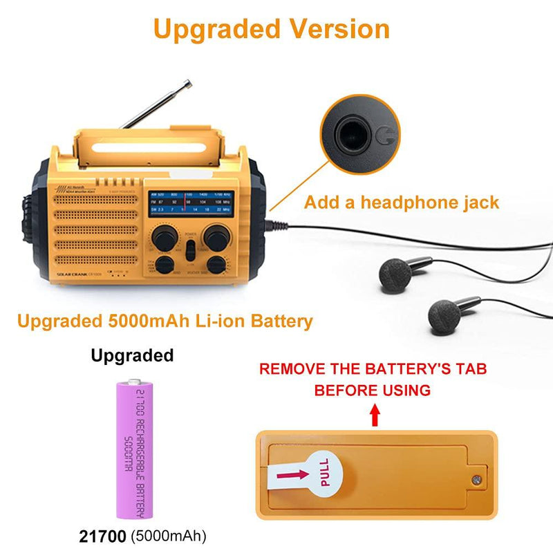 Weather Radio Raynic 5000mAh Solar Hand Crank Emergency Radio 5 Ways Powered AM/FM/SW/NOAA Weather Alert Portable Radio with Flashlight, Reading Lamp, Cellphone Charger and SOS Alarm (Yellow)