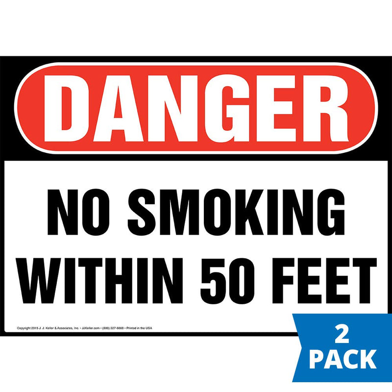 Danger: No Smoking Within 50 Feet Sign 2-pk. - J. J. Keller & Associates - 14" x 10" Permanent Self Adhesive Vinyl with Rounded Corners - Complies with OSHA 29 CFR 1910.145 and 1926.200