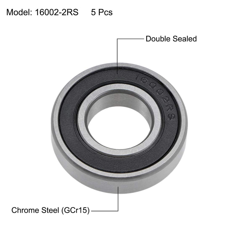 uxcell 16002-2RS Deep Groove Ball Bearings 15mm Inner Dia 32mm OD 8mm Bore Double Sealed Chrome Steel Z2 5pcs 5