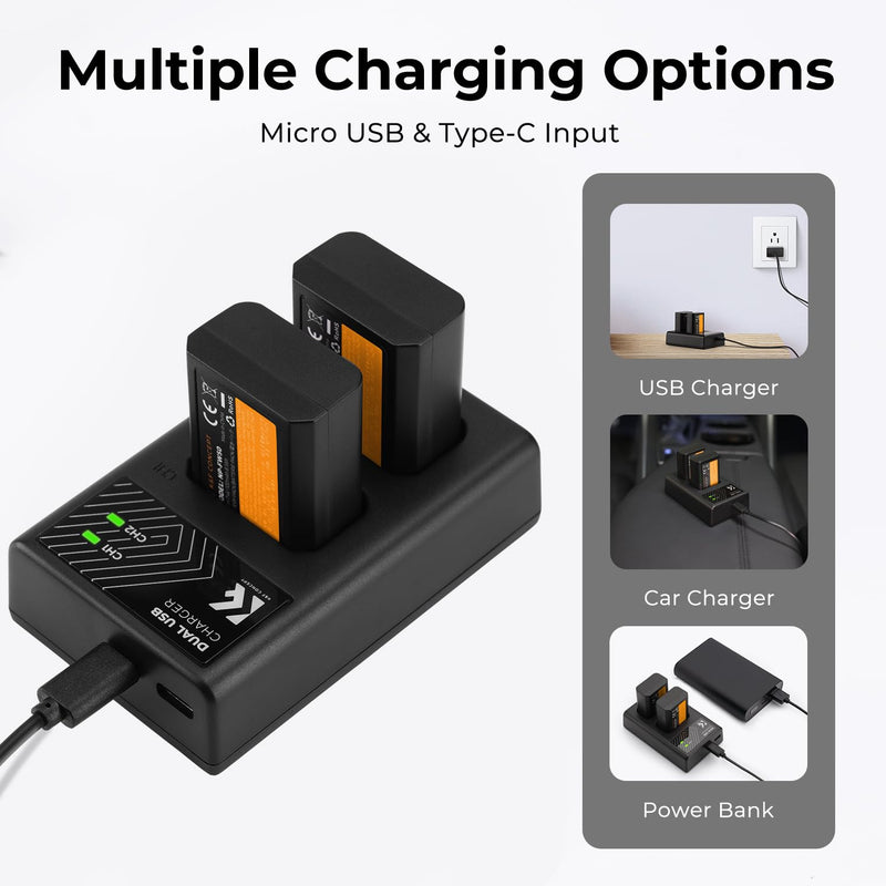 K&F Concept NP-FW50 Battery Charger Set with Dual Slot Charger for Sony ZV-E10, Alpha 7, A7, A7II, A7RII, A7SII, A7S, A7S2, A7R, A7R2, A5000,A6000, A6500, A6300, NEX-3, NEX-5