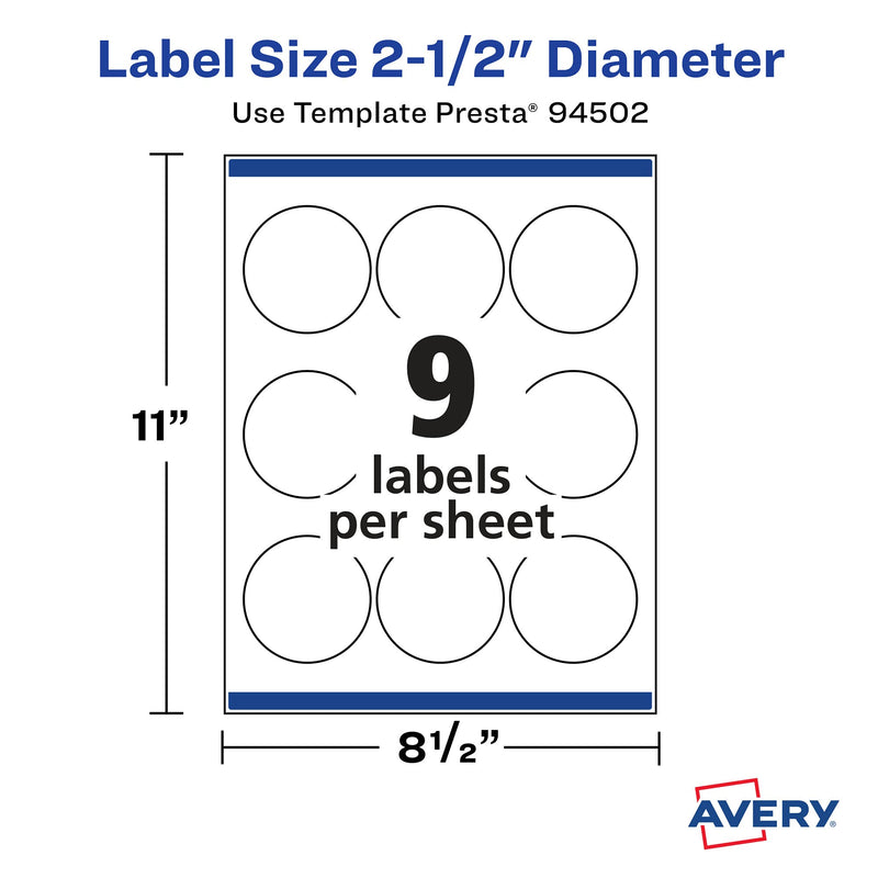 Avery Matte White Round Labels with Sure Feed, 2.5" Diameter, 225 Matte White Printable Labels 225 Labels