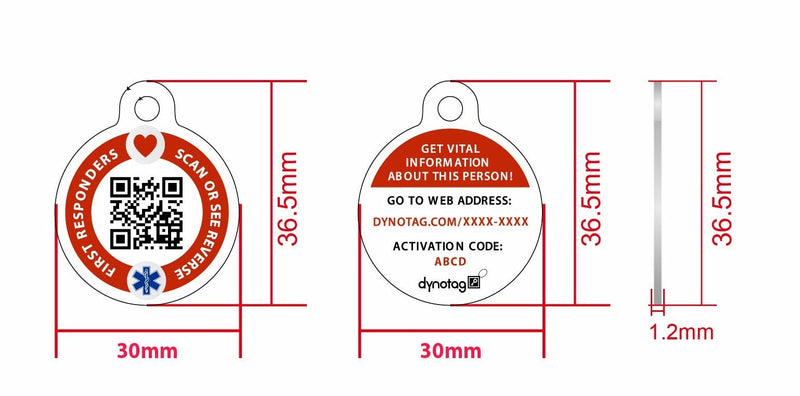 Dynotag Web Enabled Smart Medical ID / Emergency Information Round Steel Tag - 30 mm. Includes Lobster Clasp, with DynoIQ & Lifetime Service.