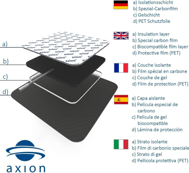 16 TENS EMS electrode pads 5x5 cm, reusable adhesive electrodes for TENS devices & EMS trainers, very good adhesive conductivity, 2mm plug connection | Certified medical device - axion