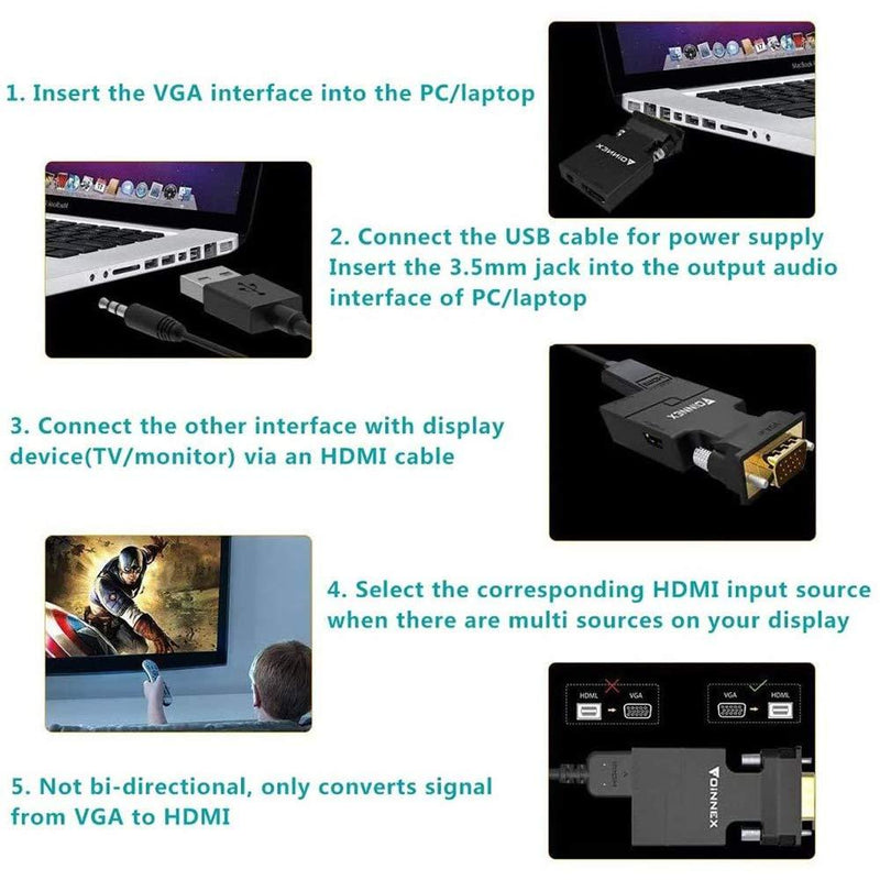 VGA to HDMI Adapter Converter with Audio,(PC VGA Source Output to TV/Monitor with HDMI Connector),FOINNEX Active Male VGA in Female HDMI 1080p Video Dongle adaptador for Computer,Laptop,Projector VGA-HDMI ADAPTER