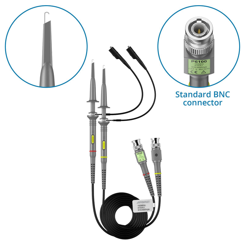 AUTOUTLET 2PCS P6100 100MHz Oscilloscope Probe Kit, with BNC to Minigrabber Test Line Kit, 10:1 and 1:1 Switchable High-Precision Scope Oscilloscope Clip Probes 100mhz (with BNC to Minigrabber)