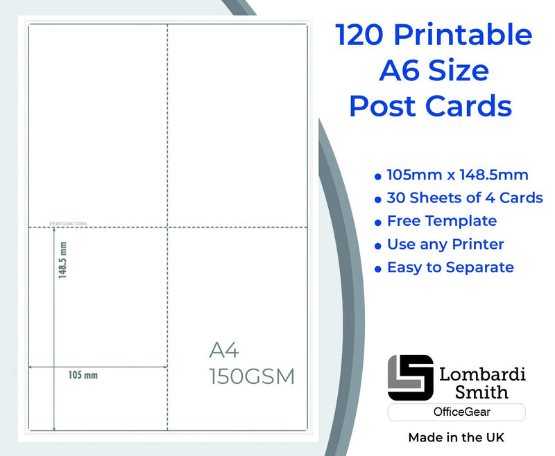 OfficeGear A6 Perforated Printable Postcard (120 Pack) Flash Card Study Revision Index Refill Flyer Menu Record Cards 4.1 x 5.8in - 4 Cards per White A4 Sheet 150gsm – 30 Sheets 120 Cards