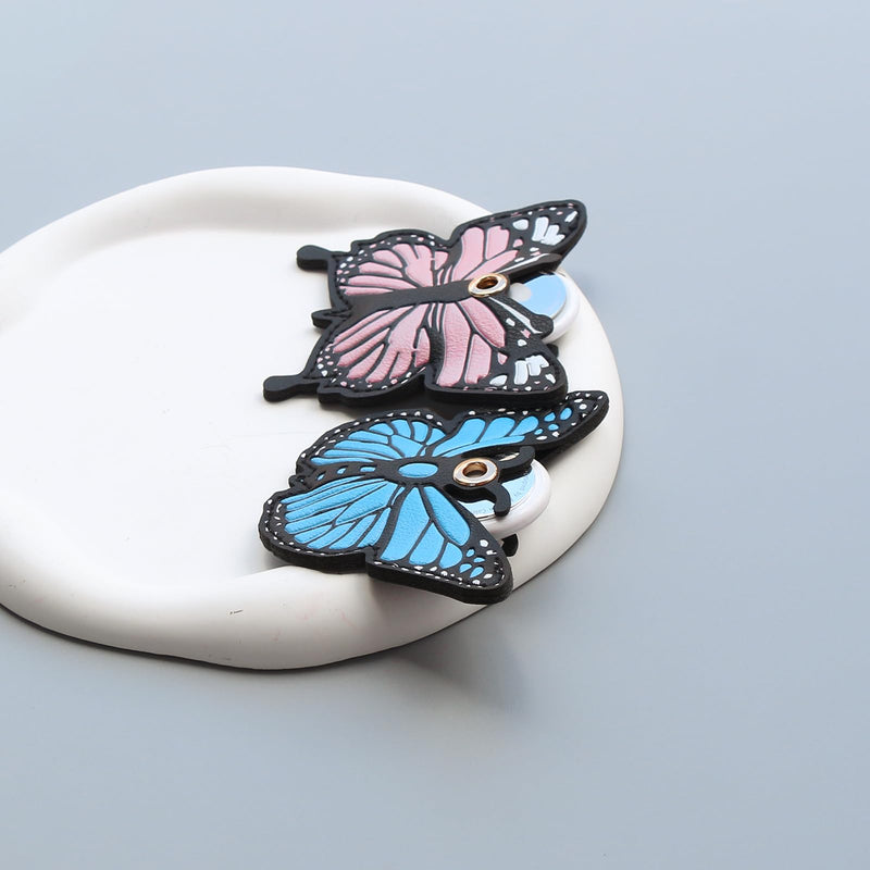 XEEWEN 2 Pack Cute Butterfly Airtag Leather Keychain Holder, Kawaii Pink Blue Key Ring Hidden Case Cover for Apple AirTag