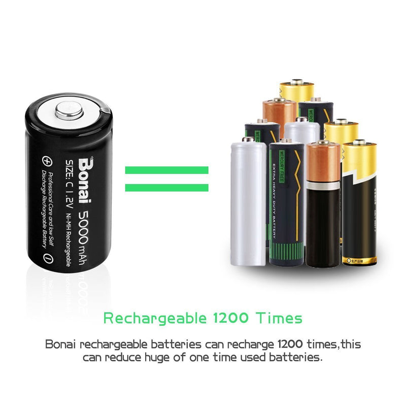 BONAI Rechargeable C Batteries, C Cells 5000mAh 1.2V Ni-MH High Capacity C Size Battery (4 Pack)
