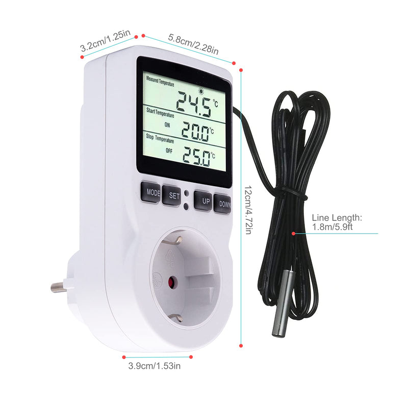 RUIZHI Digital Temperature Controller Sockets Heating Cooling Thermostat 250V with Sensor Socket and Probe LCD Screen for Greenhouse, Aquarium, Terrarium, Reptiles (EU).