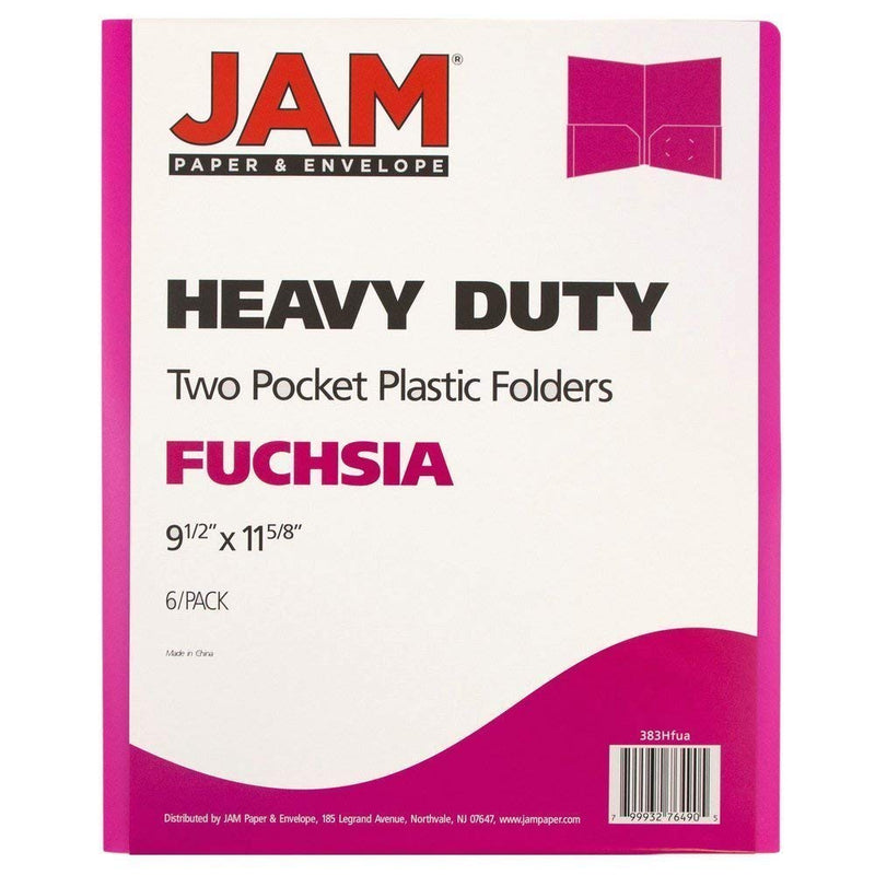 JAM PAPER Heavy Duty Plastic 2 Pocket Extra Tough School Folders - Fuchsia Hot Pink - 6/Pack