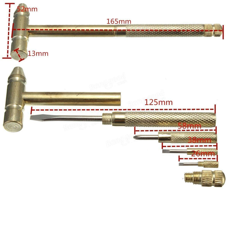 Kinobo 6 in 1 Mini Multifunction Copper Hammer & Screwdriver Hand Tools Ideal for Watchmaker Jewelers and Eating Walnuts. (Gold)