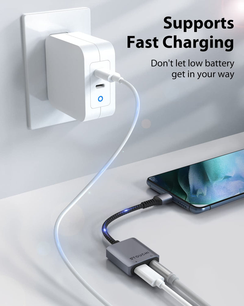 USB C to 3.5mm Headphone and Charger Adapter, Stouchi 2 in 1 USB C to Aux Audio Jack with 30W Fast Charging, Hi-Fi Dongle Compatible with New iPad Pro, Pixel 7/6A/6, Samsung Galaxy S22 S21 Note 20 Light Grey