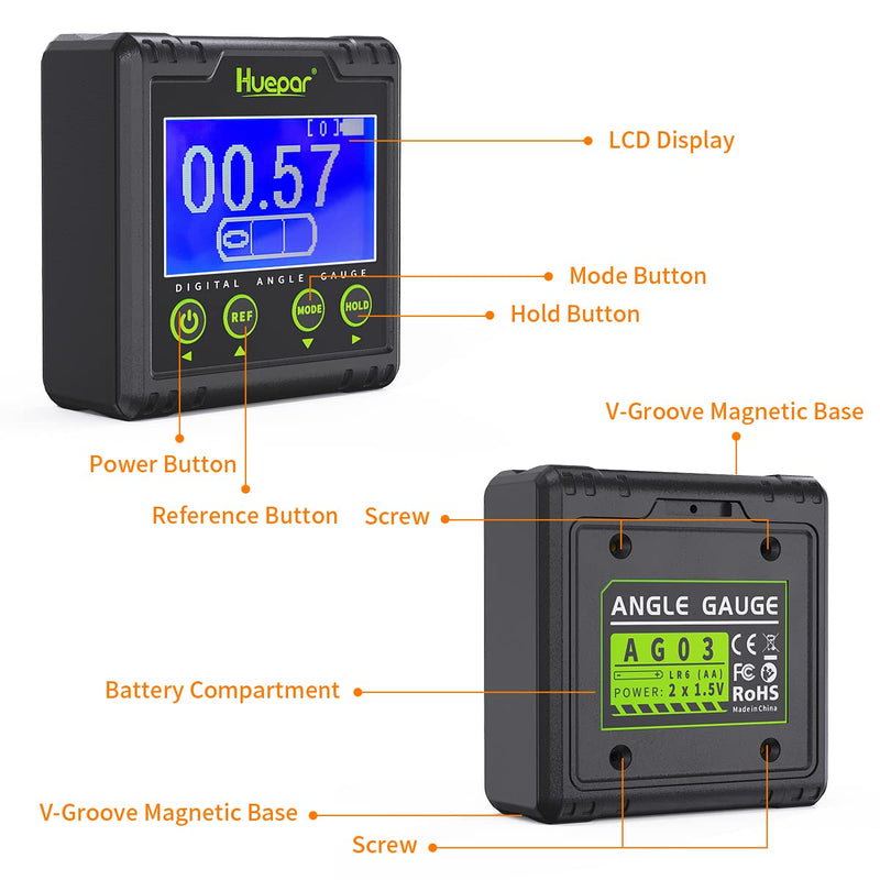 Huepar Digital Protractor, Electric Level Dual Axis Measuring Device 0.01° Resolution V-Groove Magnetic Base & LCD Inclinometer with Audible Alarm 0~360°AG03