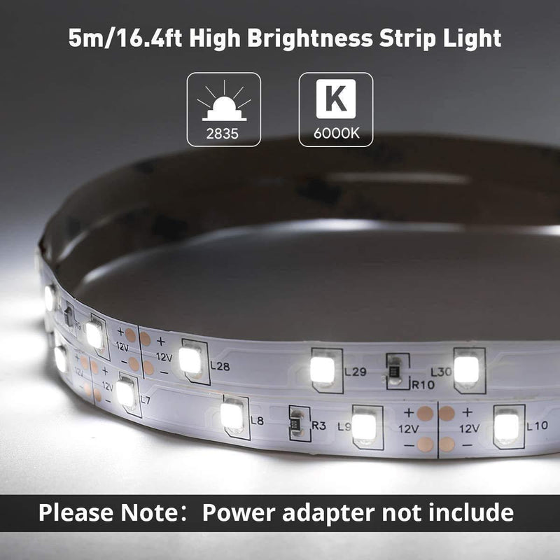 LE 12V LED Strip Light, Flexible, SMD 2835, 16.4ft Tape Light for Home, Kitchen, Party, Christmas and More, Non-Waterproof, Daylight White(Not Include Power Adapter) 16.4 ft