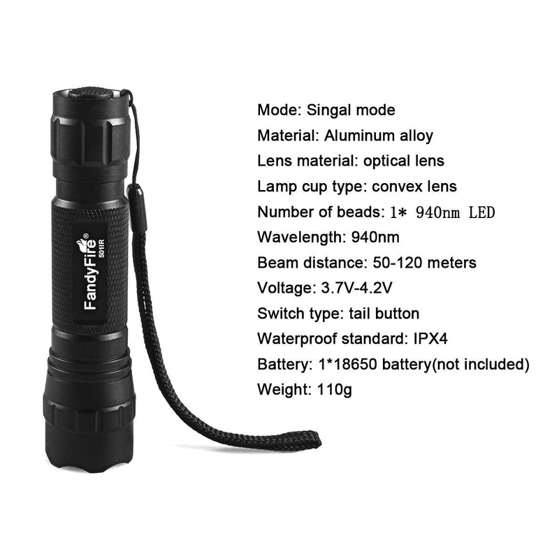 940nm IR Flashlight illuminator Infrared Light Night Vision Adjustable Focus LED Flashlight Torch for Hunting by FANDYFIRE (Not Included 18650 Battery)