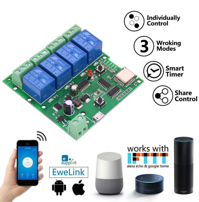 Newgoal WiFi Wireless Inching Relay Monentary/Self-Locking Switch Module DIY Smart Home Remote Control DC 5-32V AC90-260V Ewelink App iOS/Andriod Compatible with Alexa Echo Google Home IFTTT (DC4) DC4