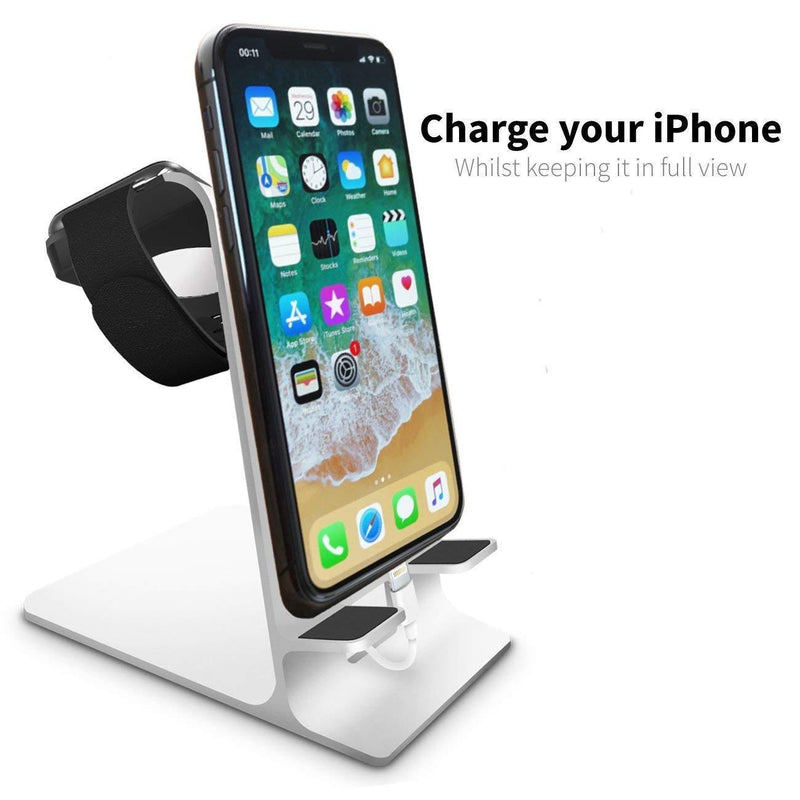 Orzly Duo Stand for Apple Watch - Aluminium Desk Stand Becomes a Fully Functional Charging Dock for Both AppleWatch & iPhone Simultaneously (Grommet Charger & Lightning Cable not Included) - Silver