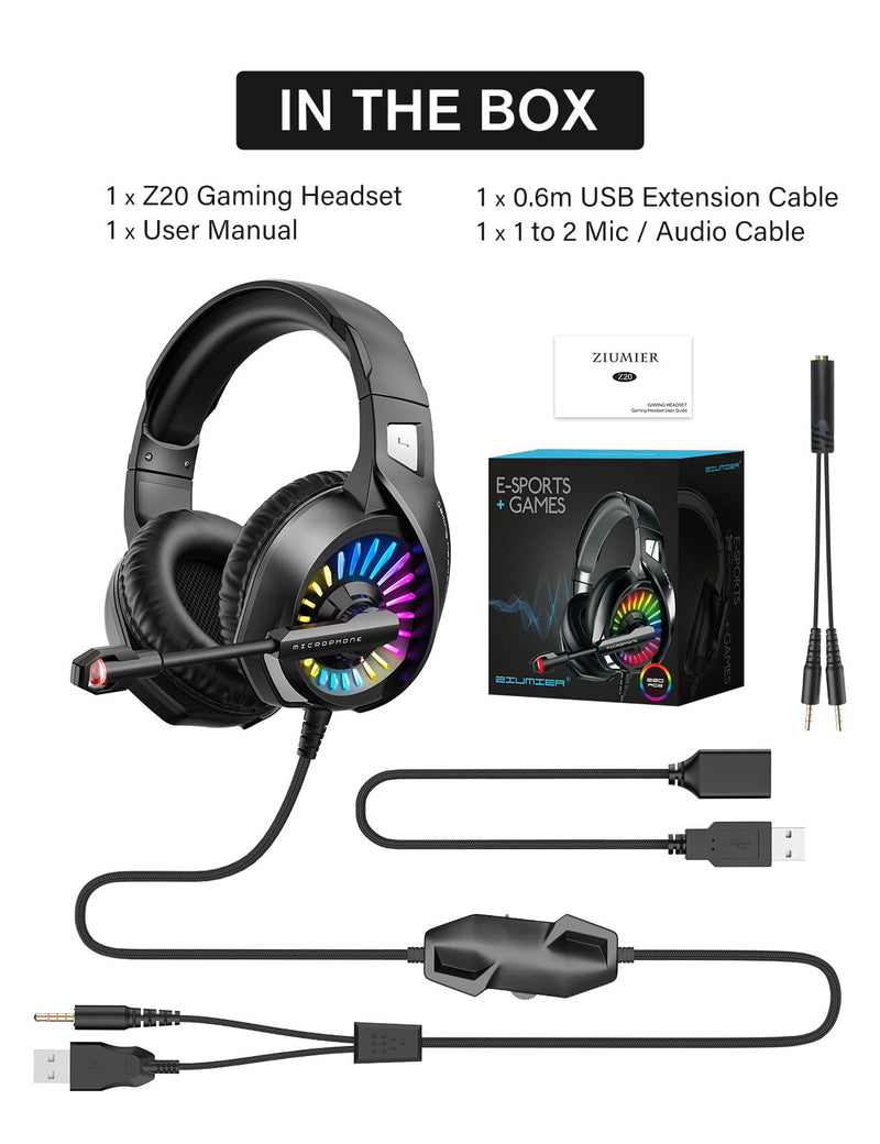 ZIUMIER Gaming Headset with Microphone, Compatible with PS4 PS5 Xbox One PC Laptop, Over-Ear Headphones with LED RGB Light, Noise Canceling Mic, 7.1 Stereo Surround Sound Black