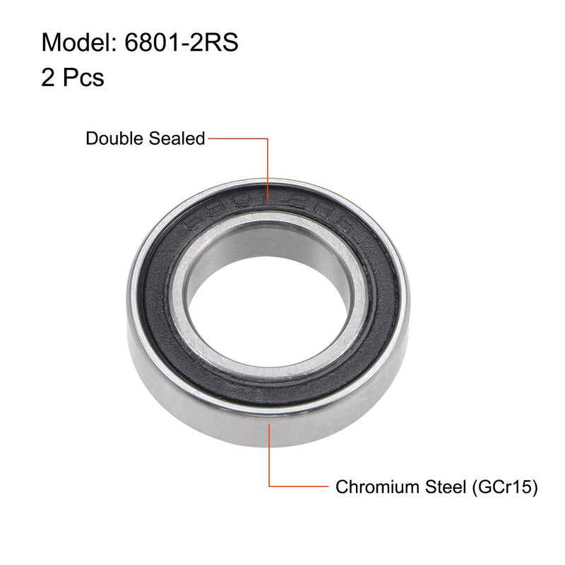 uxcell 6801-2RS Deep Groove Ball Bearings 12mm x 21mm x 5mm Double Sealed Chrome Steel P6(ABEC3) 2pcs 12x21x5mm