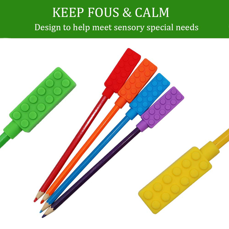 Chewable Pencil Toppers for Sensory Kids Boys and Girls (6 Pack), Silicone Rainbow Pencil Chew Toppers for Chewers with Special Oral Motor Needs, Chewing Brick Pencil Toppers for Children