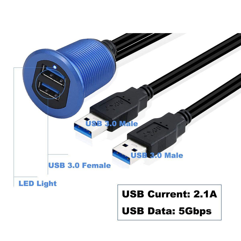 Kework Metal Dual USB 3.0 Ports Mount with Light, 3.3ft 2 Ports USB Male to 2 Ports Female Flush Mount Panel Mount Extension AUX Cable for Car Truck Boat Motorcycle Dashboard (Blue & 3.3ft) Blue & 3.3ft