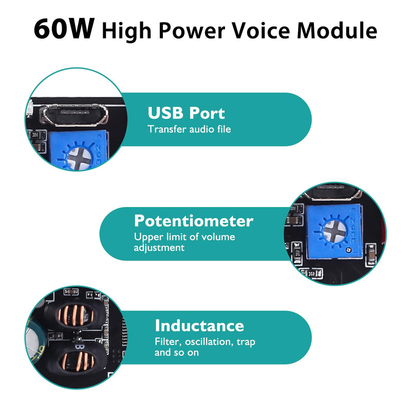 60W Voice Playback Module, PEMENOL DC 9-24V High Power Music Player Mp3 Trigger Amplifier 64Mbit Flash Storage Sound Board Supprt Sound and Light Alarm 60W Biult-in Storage