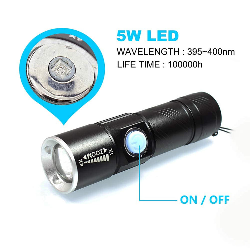 DARKBEAM USB Rechargeable UV light 395nm led Flashlight Portable 400nm Mini Detector for Dog Urine Pet Stains, Anti-counterfeiting identification, Resin Curing UV usb flashlight black