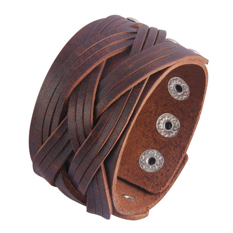 GelConnie Leather Cuff Bracelet Punk Faux Leather Bracelet Brown Mens Leather Bracelet Braided Wrap Bracelet Viking Bangle Handmade Woven Wristband for Women, Men Style LPB302-Brown