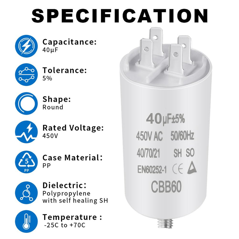 OFFCUP motor capacitor CBB60 starting capacitor 40μF 450V capacitor 40μF 450V CBB60 capacitors plug suitable for electric motors and swimming pool pumps electric motor, 50/60Hz