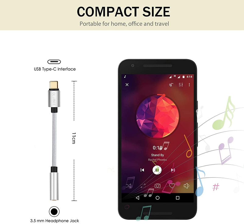 GLUBEE USB C to 3.5MM Headphone Jack Adapter, USB C to Audio, USB Type-C to 3.5MM Adapter Braided Nylon Cable DAC Adapter Compatible with Most USB-C Smart Phones 1 pcs