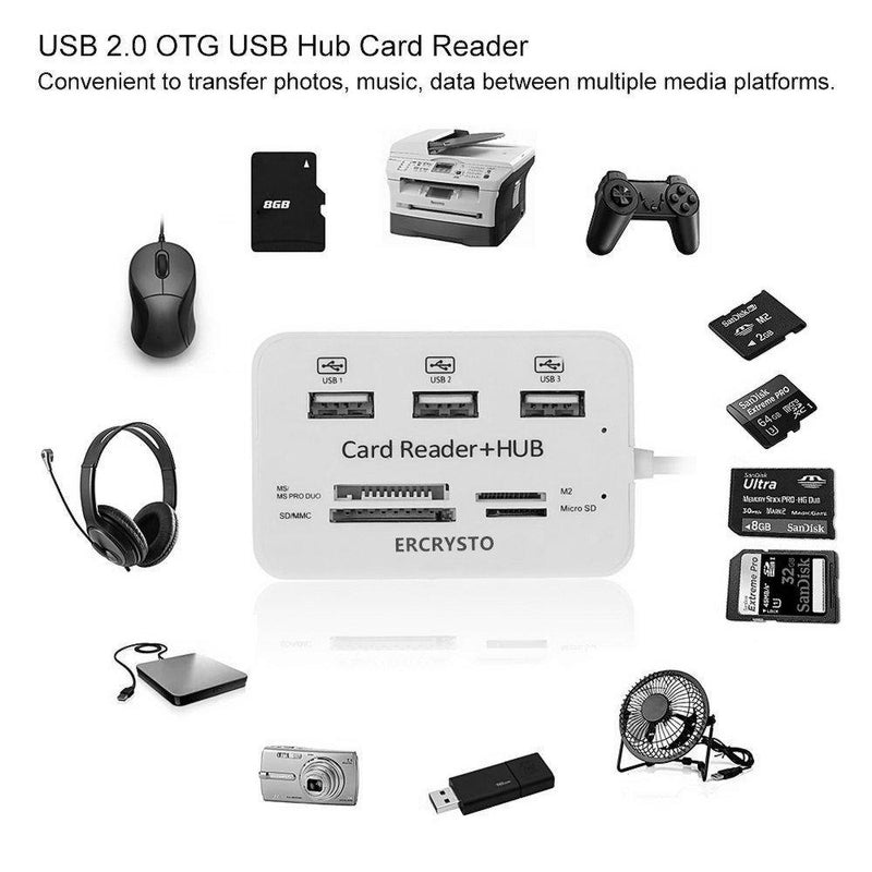 ERCRYSTO Card Reader and 3 Ports USB Hub, High Speed External Memory Card Reader (MS, Micro SD,SD/MMC,M2,TF Card), White.