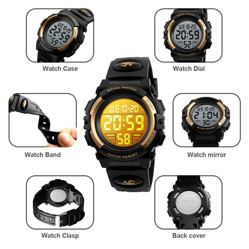 Kids Digital Watch Outdoor Sports 50M Waterproof Electronic Watches Alarm Clock 12/24 H Stopwatch Calendar Boy Girl Wristwatch Black Gold