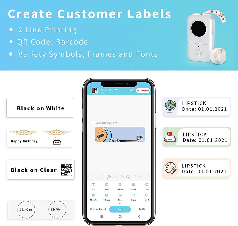 D30 Mini Label Printer - Phomemo Thermal Smart Label Maker Machine Bluetooth Mobile Pocket Handy Labeling Printer, Compatible with iOS & Android, Ideal for Home, Office Organization Blue