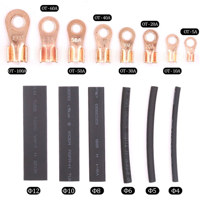 Hilitchi 245-Pcs Open Barrel Wire Crimp Copper Ring Lugs Terminal Connector with 2:1 Heat Shrink Tubing Assortment Kit - OT 5A 10A 20A 30A 40A 50A 60A 100A